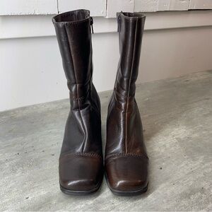 manathan Leather Mid-Calf Boots Womens 7 Dark Brown Good Square Toe 89285